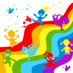 Hand drown children silhouettes in rainbow colors